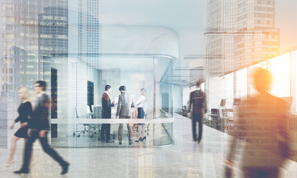 Rear view of people in glass meeting room, toned